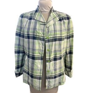 Ellen Tracy 100% Silk Jacket Button Front Green/Blue Plaid Sz. 14